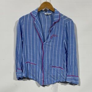 Anthropologie Blue Striped Button-Up Shirt with Pink Accents